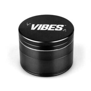 VIBES 4-Part 2.5 Inch Anodized Metal Bud Grinder with magnetic lid comes in Black or Gold. A perfect choice to keep in your paraphernalia arsenal.