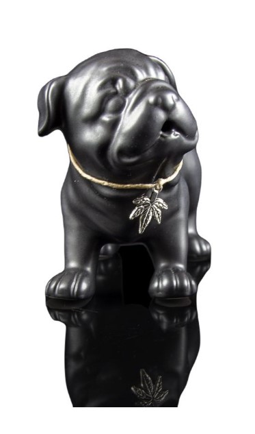 Calling all pug lovers! Here is the pipe for you. A pug bulldog with a marijuana leaf hanging from its collar.