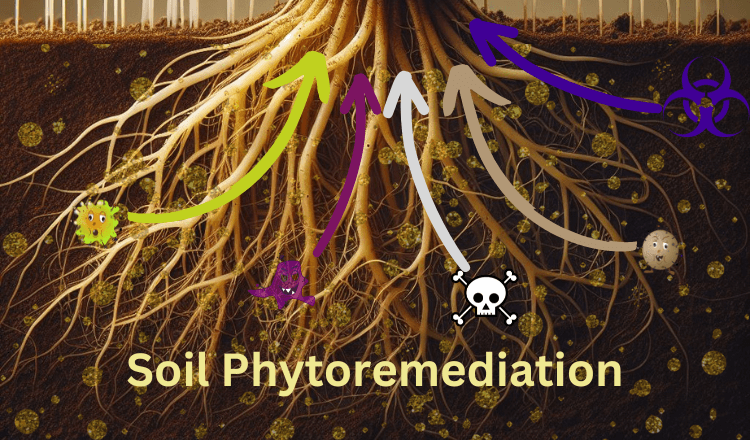 underground view of plant roots and soil contaminants illustrating the process of phytoremediation