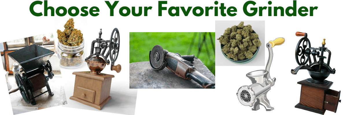 Different types of grinders, meat grinder, coffee grinder, metal grinder etc as a commical representation of cannabis bud grinders. Plus a bowl and jar of cannabis buds.