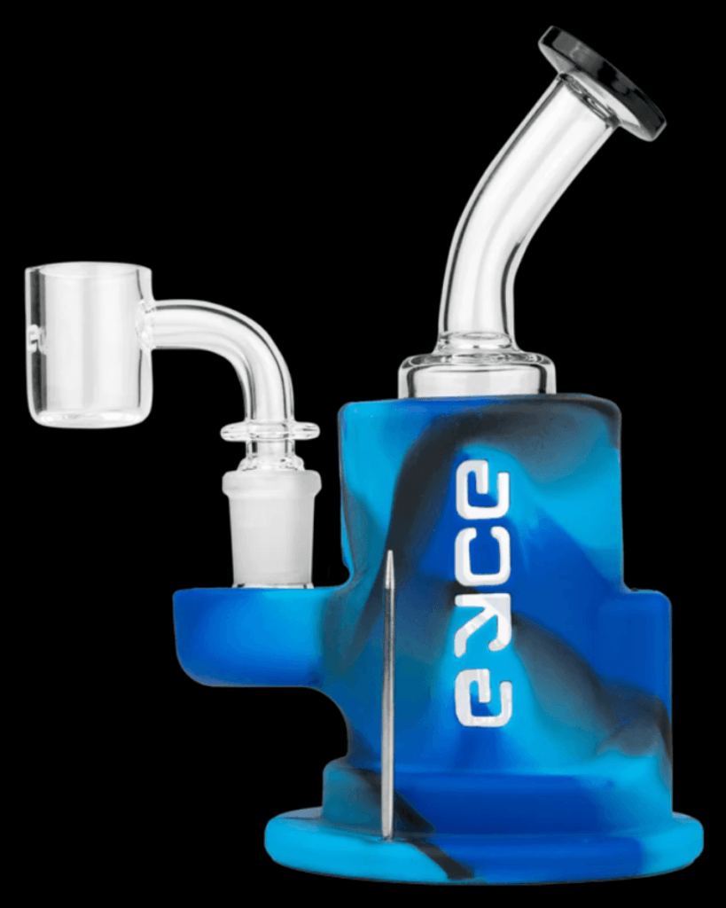 The Spark Proteck Glass and Silicone Dab Rig. Blue silicone jacket. Fully assembled.