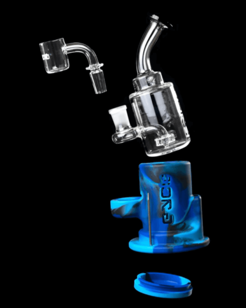 The Spark Proteck Glass and Silicone Dab Rig. Black silicone jacket. Exploded view.