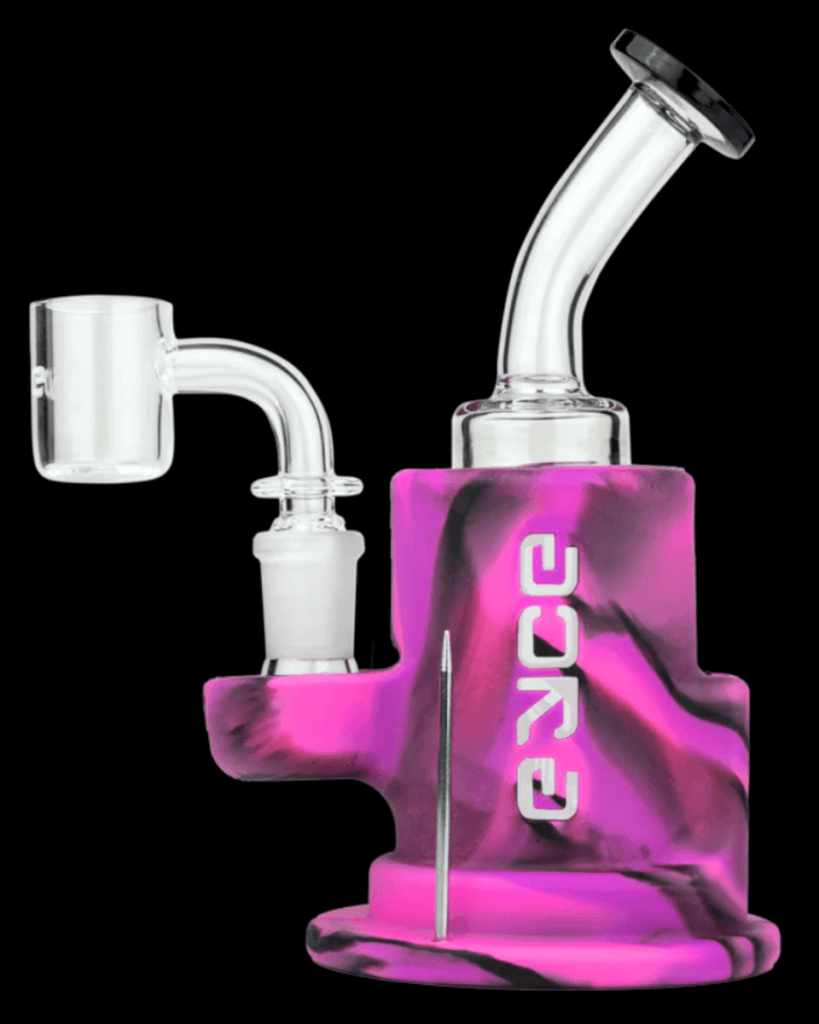 The Spark Proteck Glass and Silicone Dab Rig. Pink silicone jacket. Fully assembled.