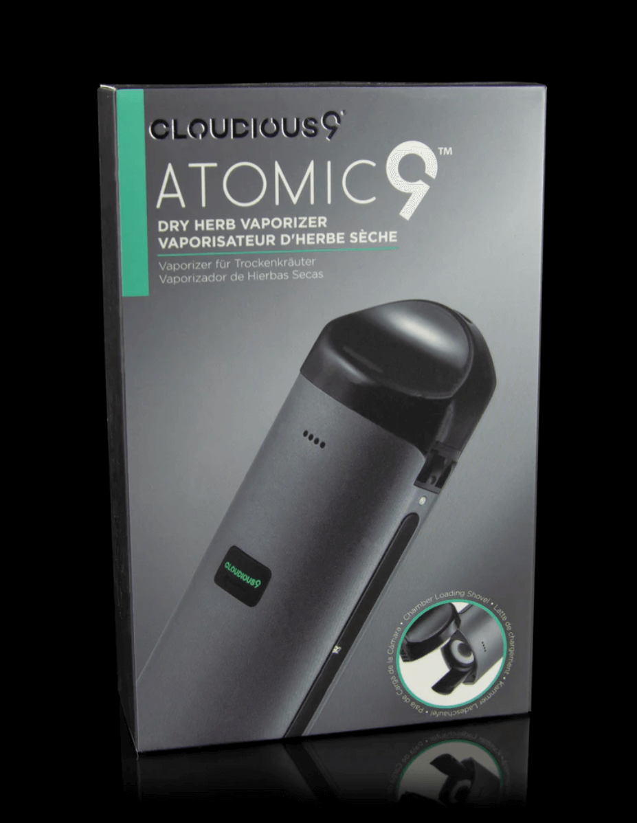 Try one of these Cloudious9 Atomic9 portable dry herb vapes. The retail box is shown here.