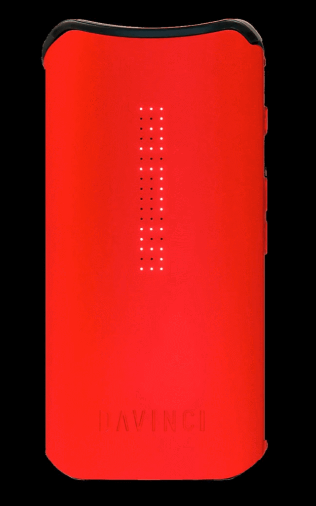 Try one of these Ruby colored Davinci IQC portable dry herb vapes. Shown here in full frontal view