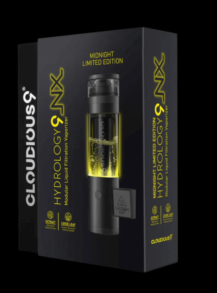 Here is a front profile view of the Coudious9 Hydrology9 NX Midnight Portable Vaporizer retail box.
