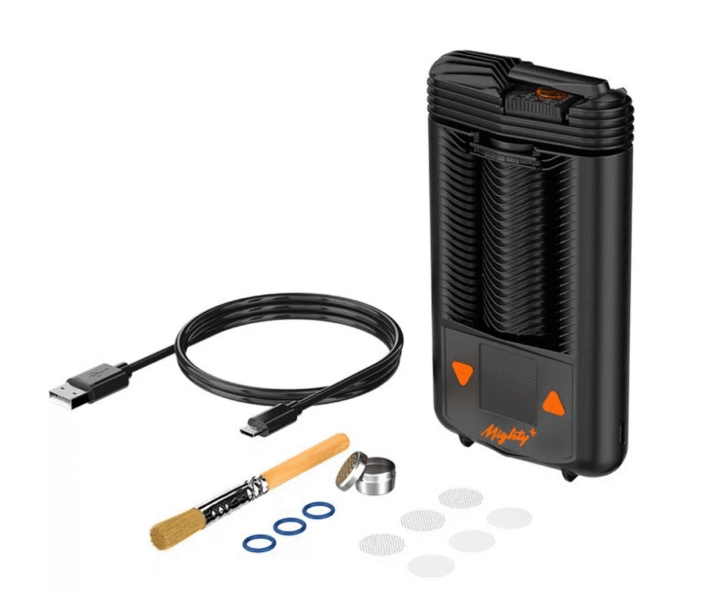 Here is the Storz & Bickel Mighty Plus portable dry herb vapes with all the included accessories.