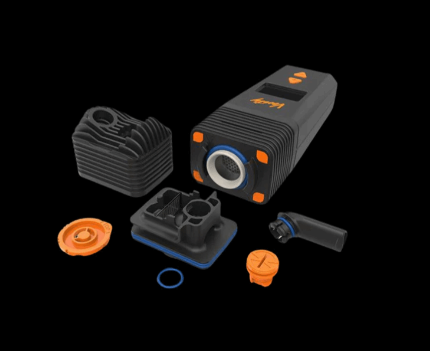 Here is the Storz & Bickel Venty portable vaporizer fully disassembled with each piece uniformly laid out.