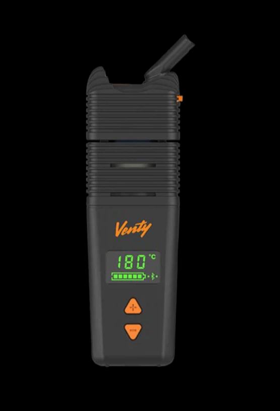 This is a full frontal view of the Storz & Bickel Venty portable vaporizer with the mouthpiece flipped up ready to use.