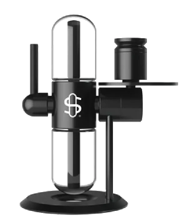 Stündenglass Gravity Infuser original model, clear borosilicate glass and silver aluminum.